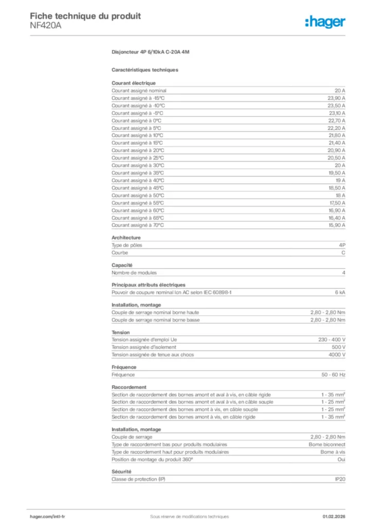 Image Hager Fiche technique du produit NF420A | Hager Afrique