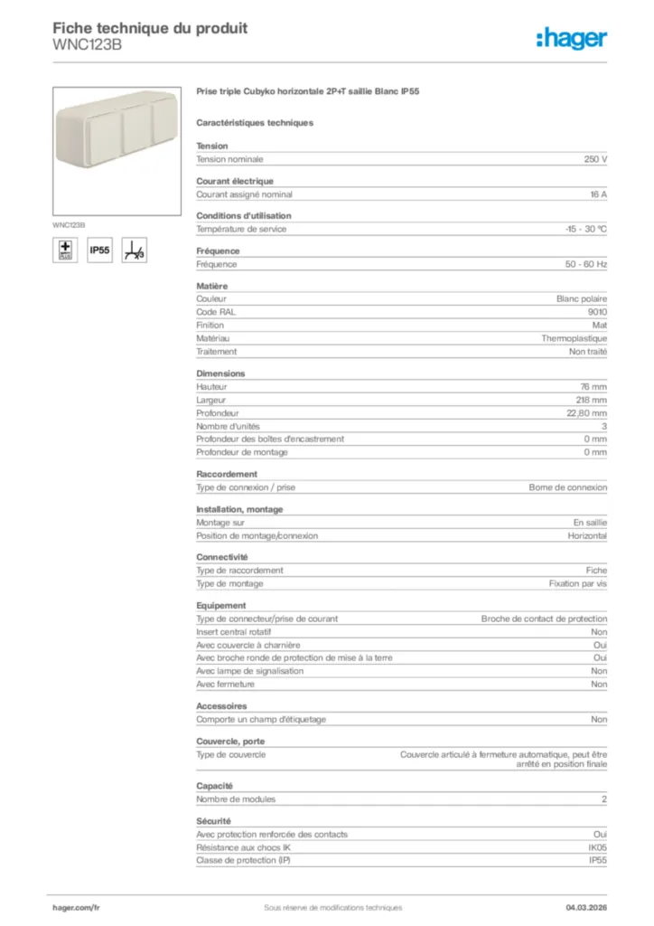 Image Hager Fiche technique du produit WNC123B | Hager France