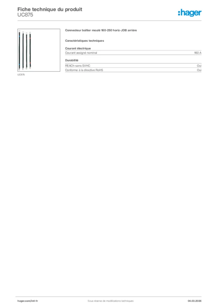 Image Hager Fiche technique du produit UC875 | Hager Afrique