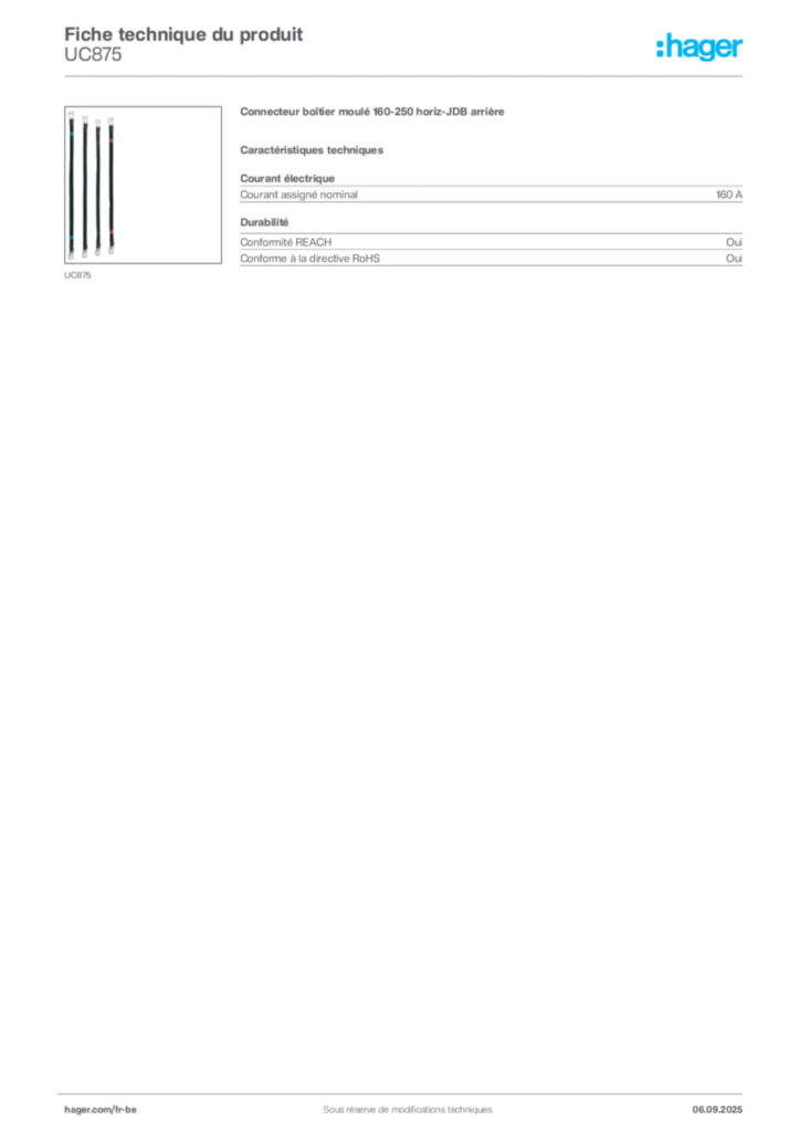 Image Hager Fiche technique du produit UC875 | Hager Belgique