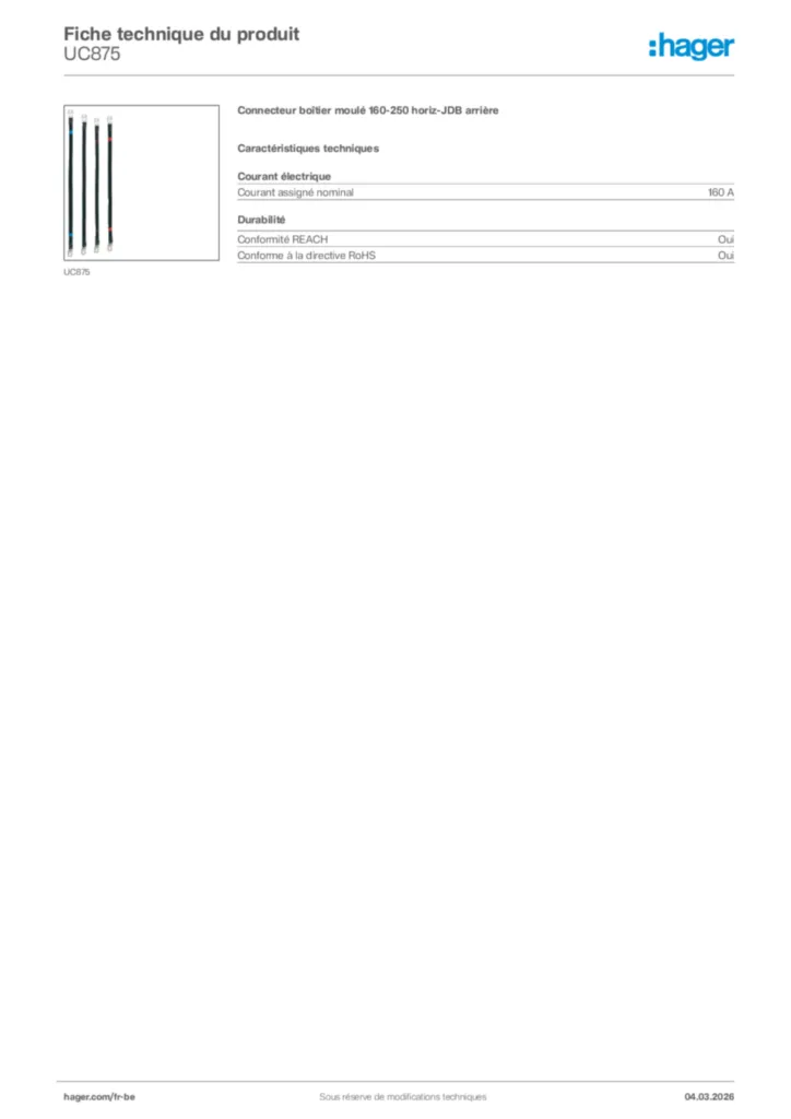 Image Hager Fiche technique du produit UC875 | Hager Belgique