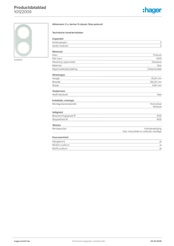 Afbeelding Hager Productdatablad 10122009 | Hager Belgium