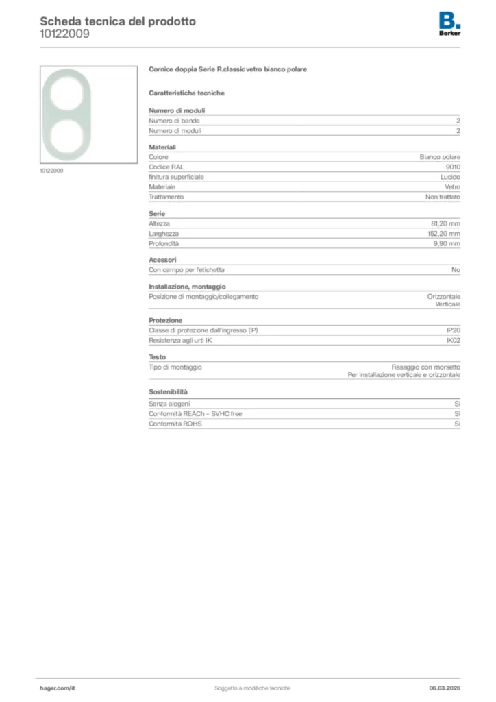 Immagine Berker Scheda tecnica del prodotto 10122009 | Hager Italia