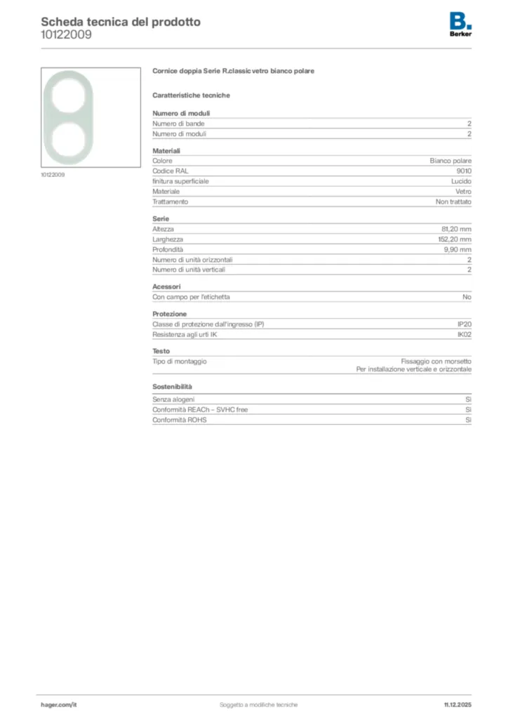 Immagine Berker Scheda tecnica del prodotto 10122009 | Hager Italia