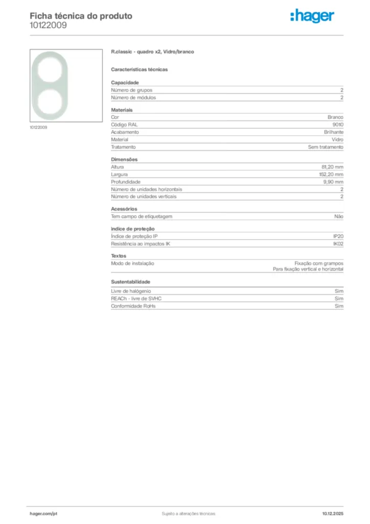 Imagem Hager Ficha técnica do produto 10122009 | Hager Portugal