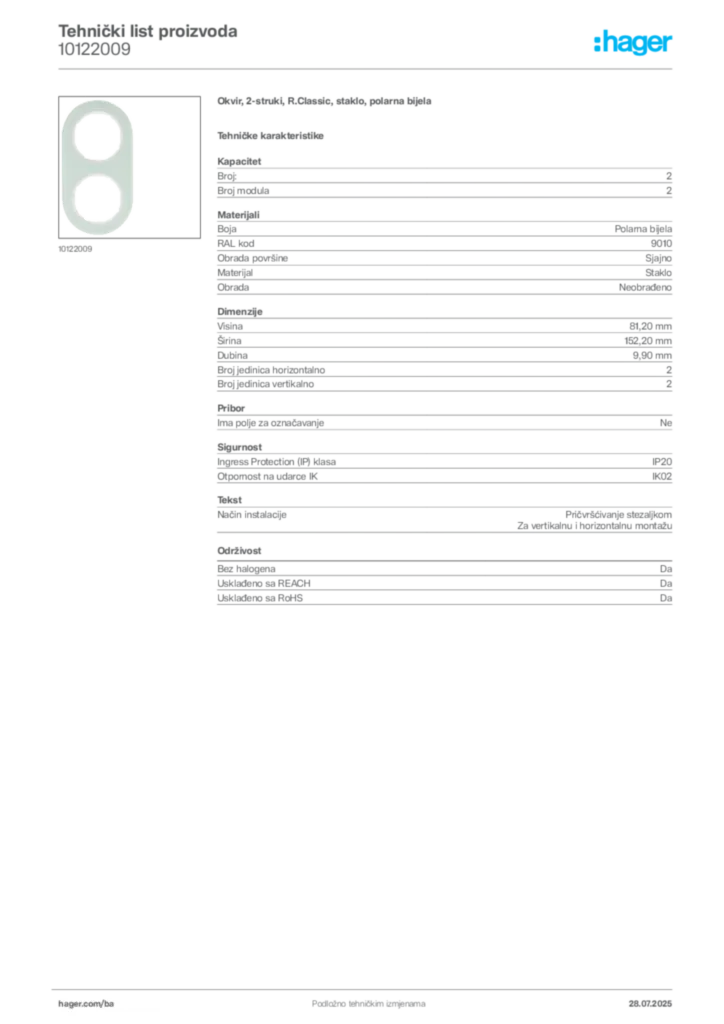 Slika Hager Product data sheet 10122009  | Hager