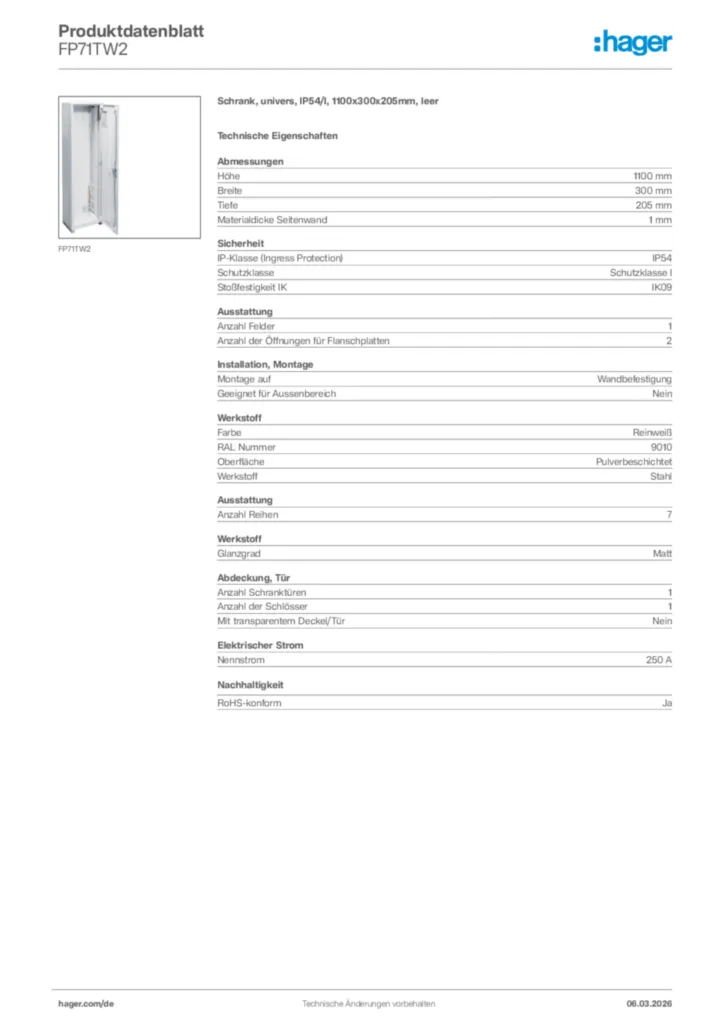 Bild Hager Produktdatenblatt FP71TW2 | Hager Deutschland