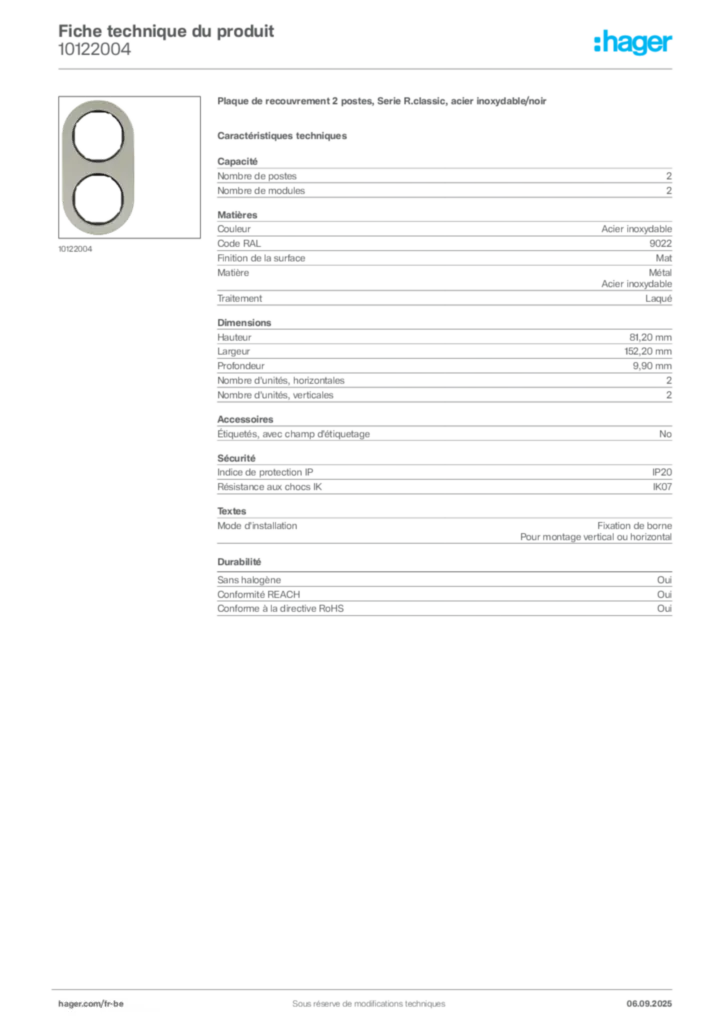 Image Hager Fiche technique du produit 10122004 | Hager Belgique