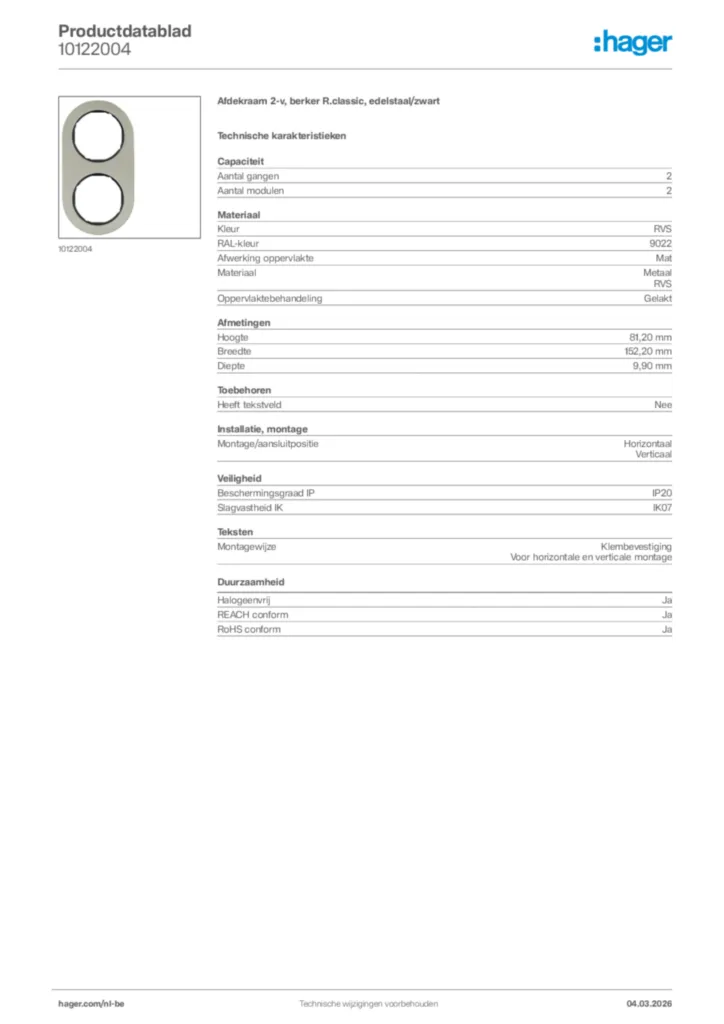 Afbeelding Hager Productdatablad 10122004 | Hager Belgium