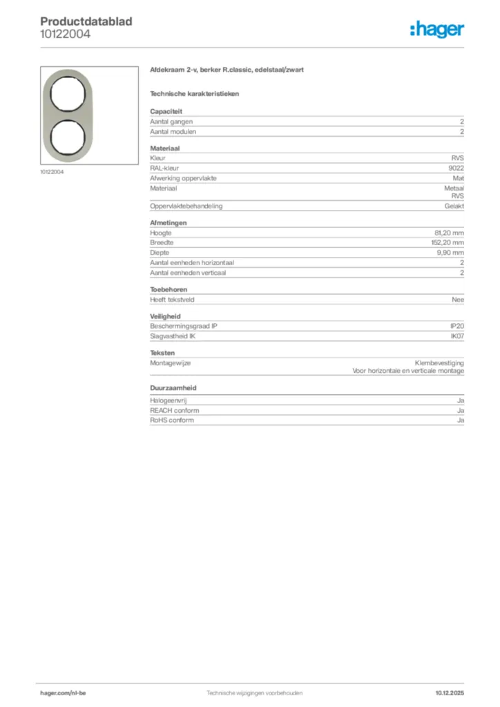 Afbeelding Hager Productdatablad 10122004 | Hager Belgium