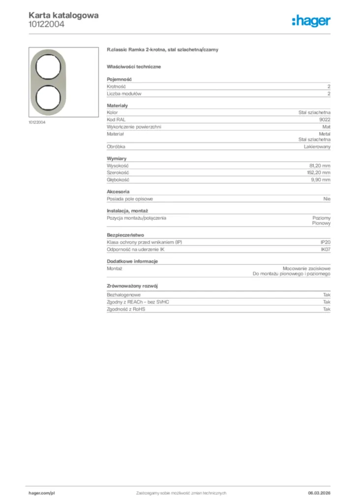 Zdjęcie Hager Karta katalogowa 10122004 | Hager Polska