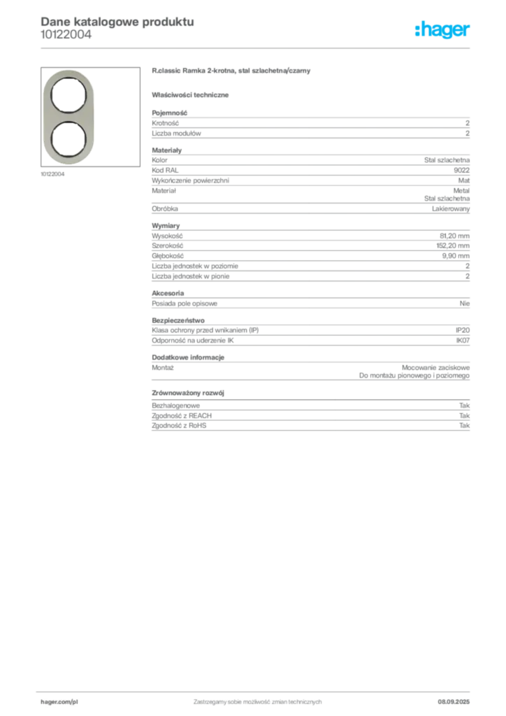 Zdjęcie Hager Dane katalogowe produktu 10122004 | Hager Polska