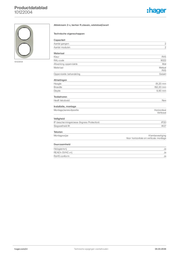 Afbeelding Hager Productdatablad 10122004 | Hager Nederland