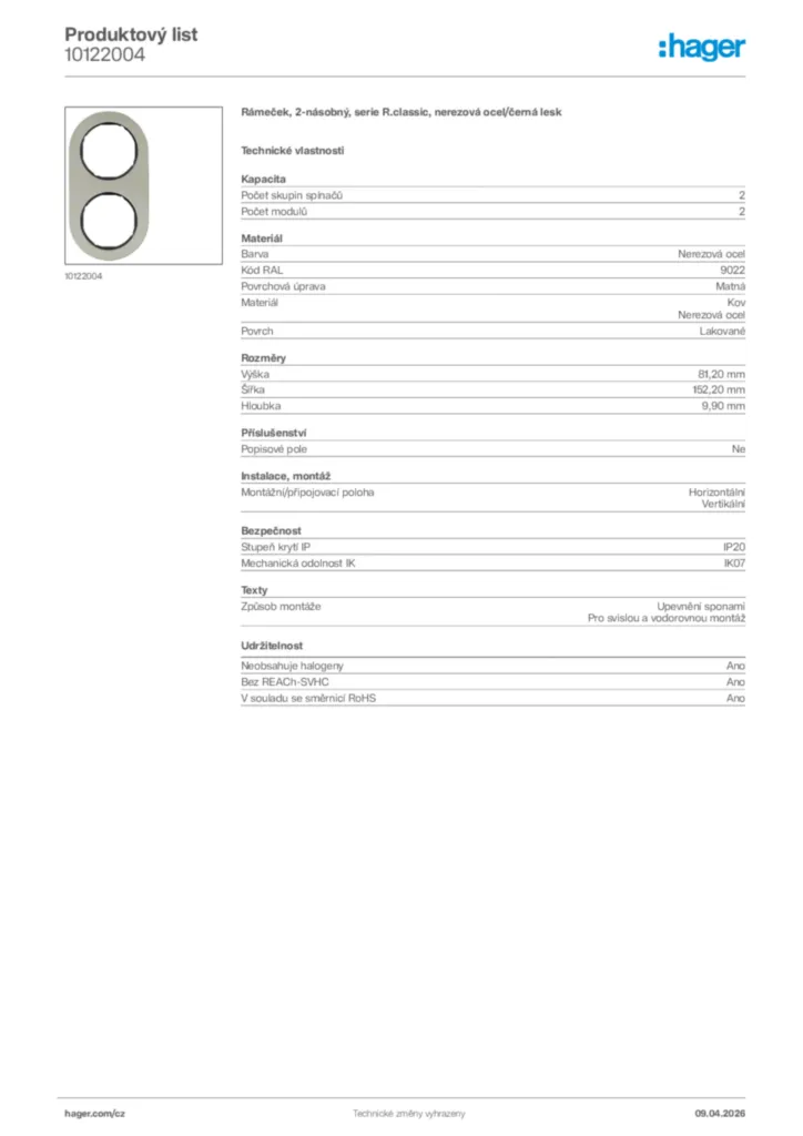 Obrázek Hager Product data sheet 10122004 | Hager