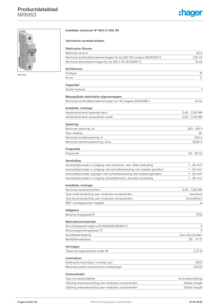 Afbeelding Hager Productdatablad NRN163 | Hager Belgium