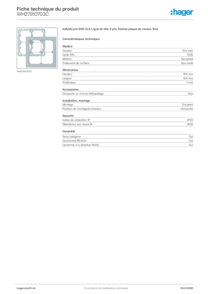 Image Hager Fiche technique du produit WH27910703C | Hager Suisse