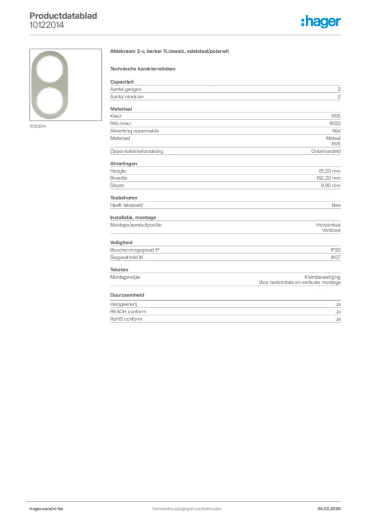Afbeelding Hager Productdatablad 10122014 | Hager Belgium