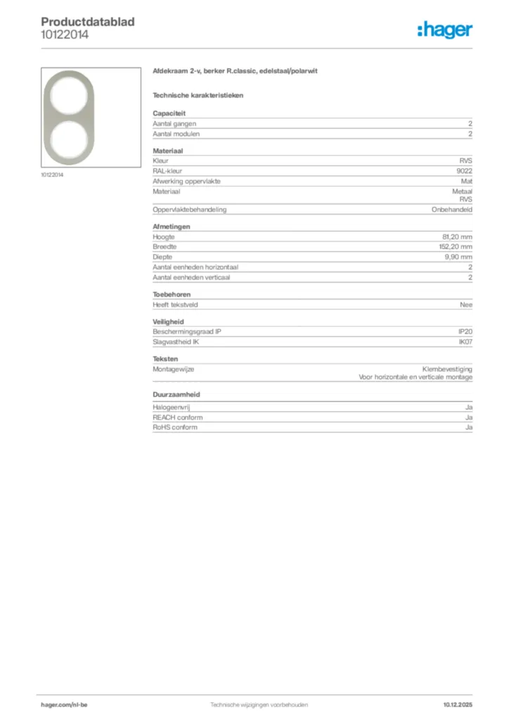Afbeelding Hager Productdatablad 10122014 | Hager Belgium