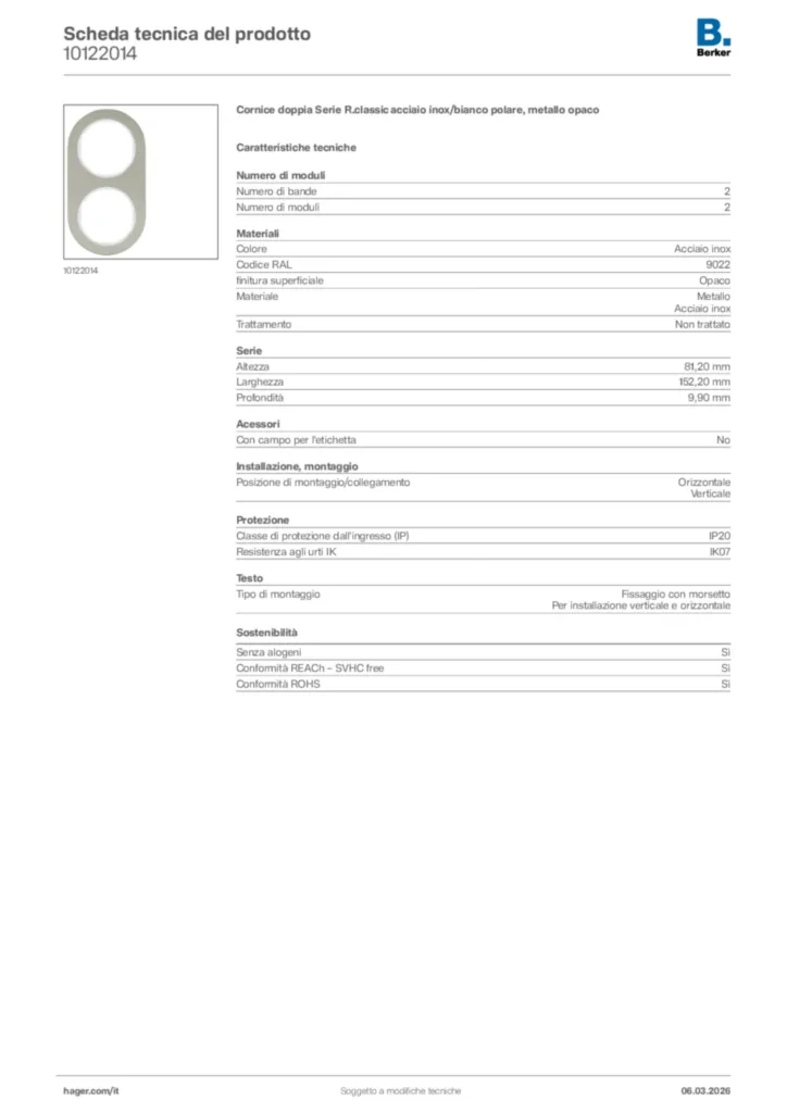 Immagine Berker Scheda tecnica del prodotto 10122014 | Hager Italia