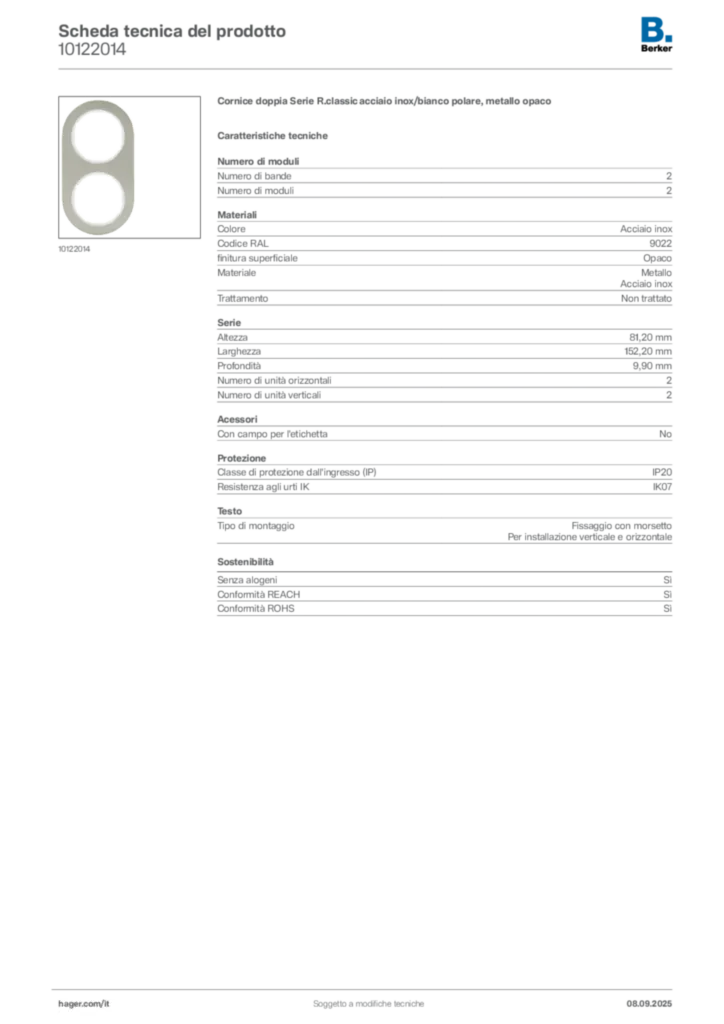 Immagine Berker Scheda tecnica del prodotto 10122014 | Hager Italia