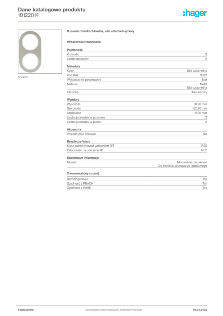 Zdjęcie Hager Dane katalogowe produktu 10122014 | Hager Polska
