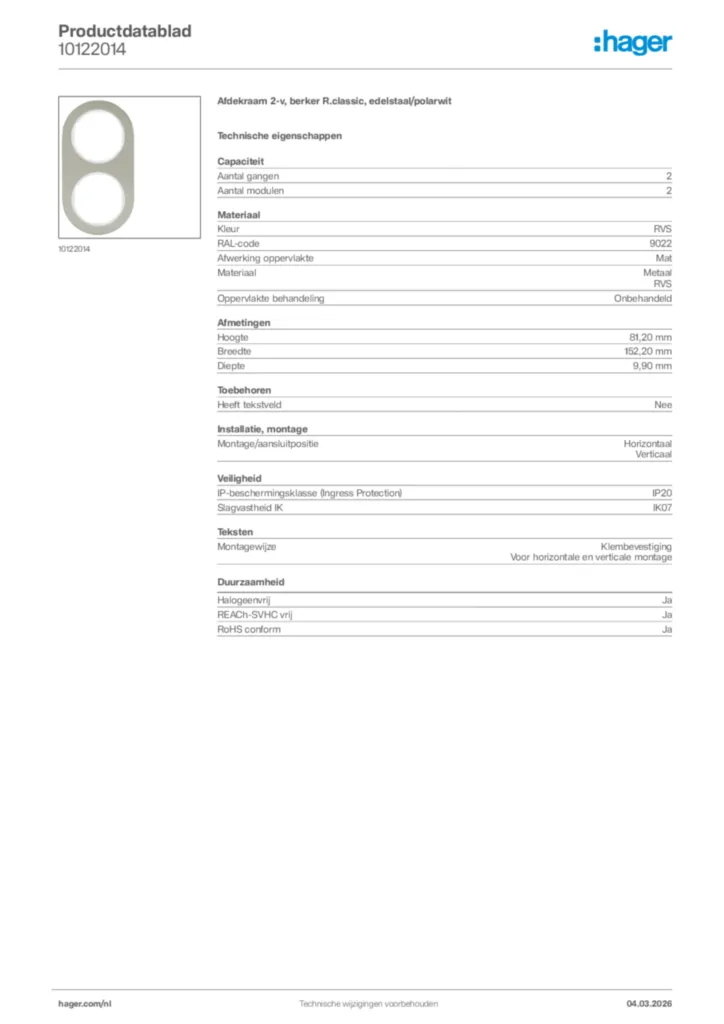 Afbeelding Hager Productdatablad 10122014 | Hager Nederland