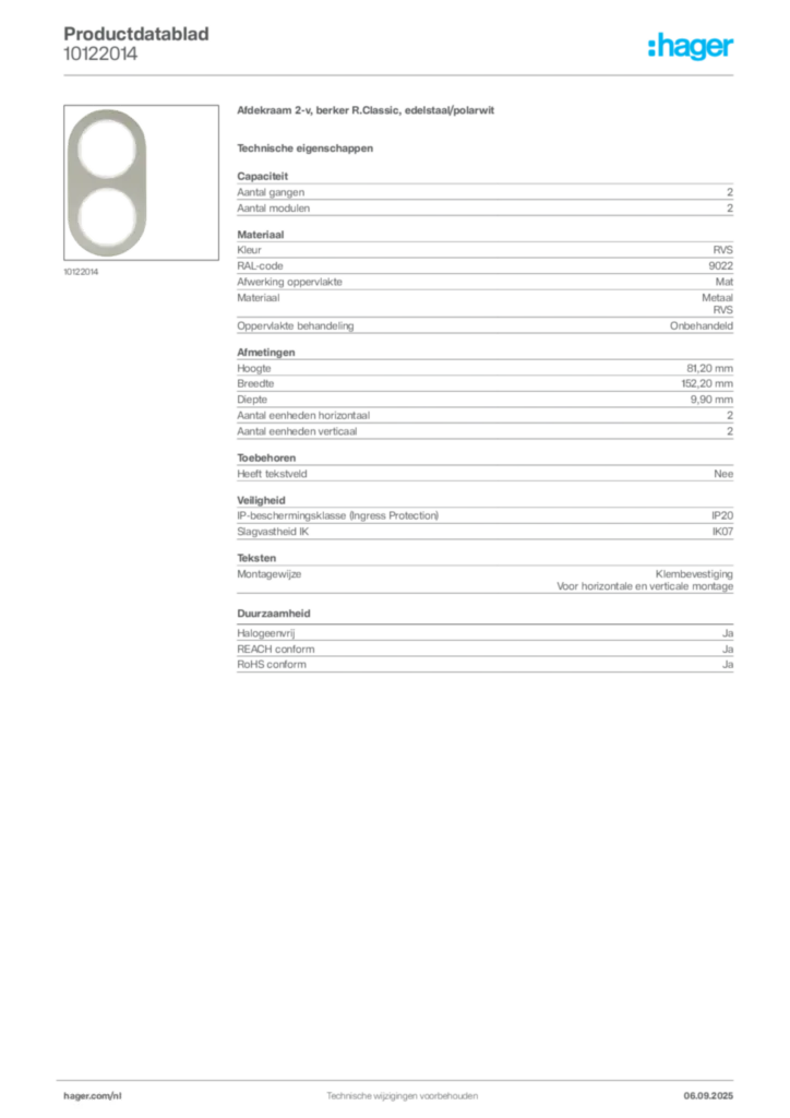 Afbeelding Hager Productdatablad 10122014 | Hager Nederland