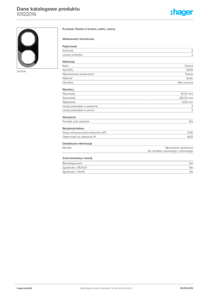 Zdjęcie Hager Dane katalogowe produktu 10122016 | Hager Polska