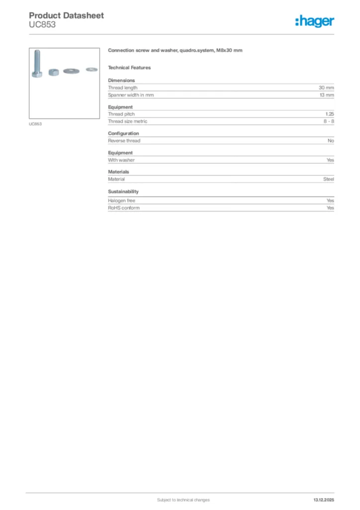 Image Hager Product data sheet UC853  | Hager Africa