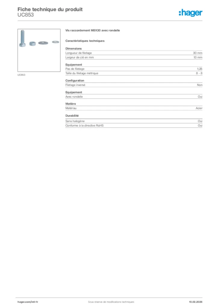 Image Hager Fiche technique du produit UC853 | Hager Afrique