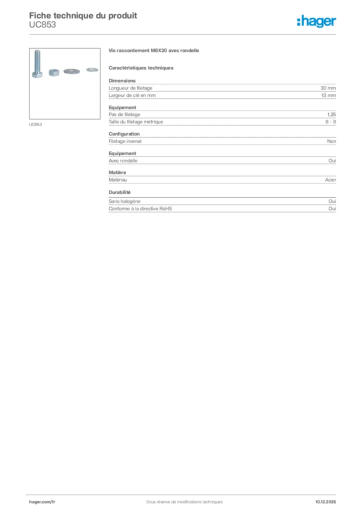 Image Hager Fiche technique du produit UC853 | Hager France