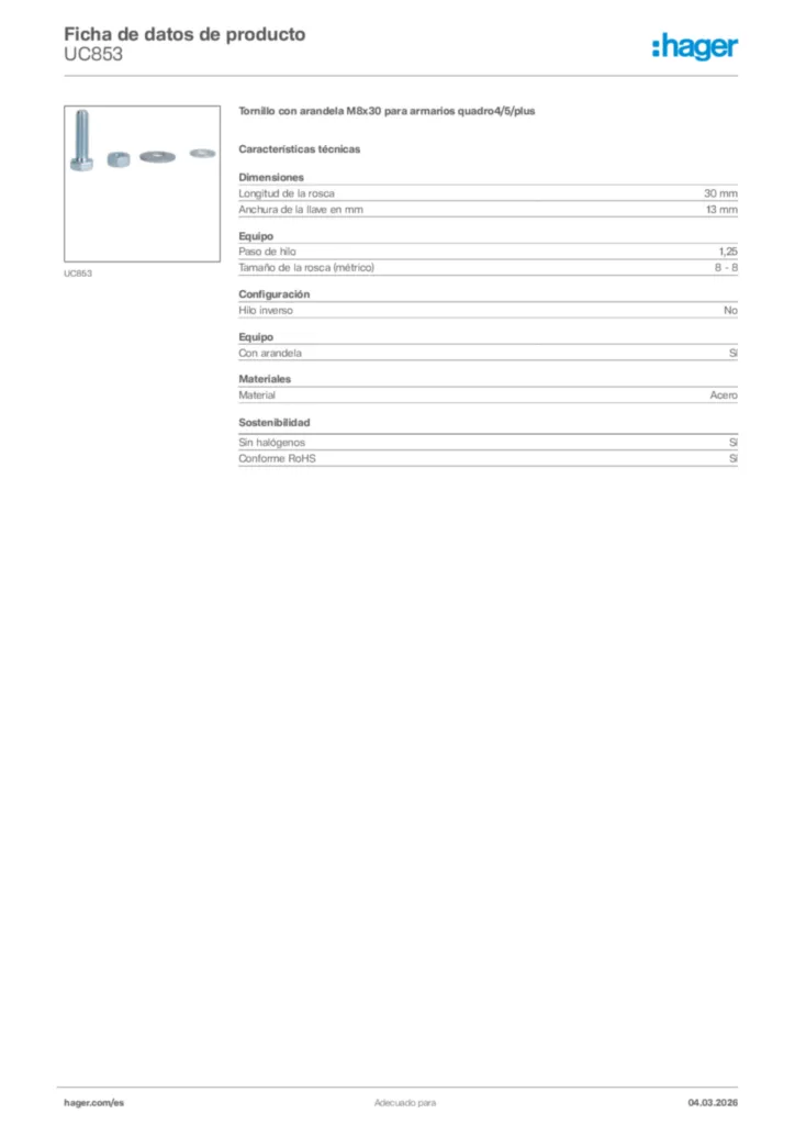 Imagen Hager Ficha de datos de producto UC853 | Hager España