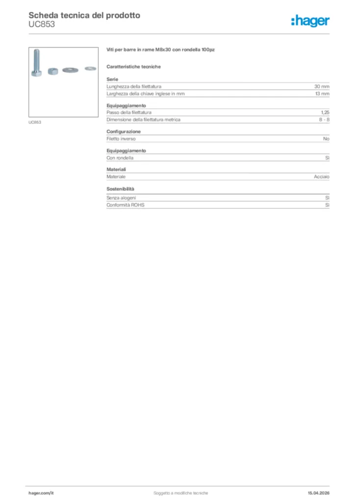 Immagine Hager Scheda tecnica del prodotto UC853 | Hager Italia