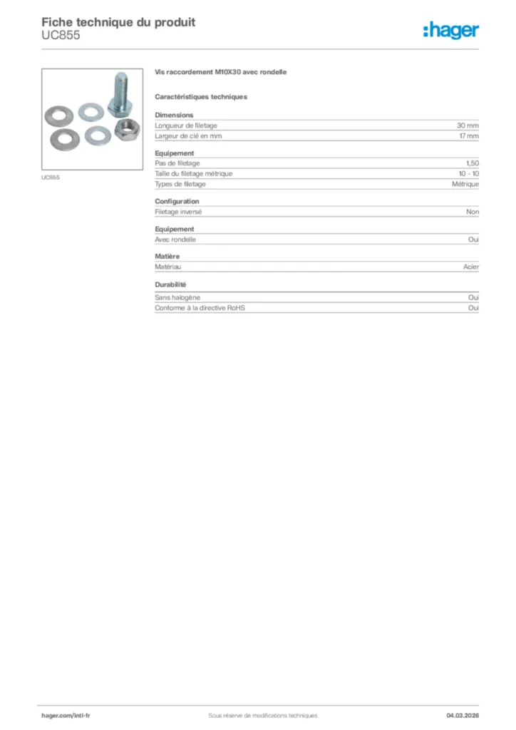 Image Hager Fiche technique du produit UC855 | Hager Afrique