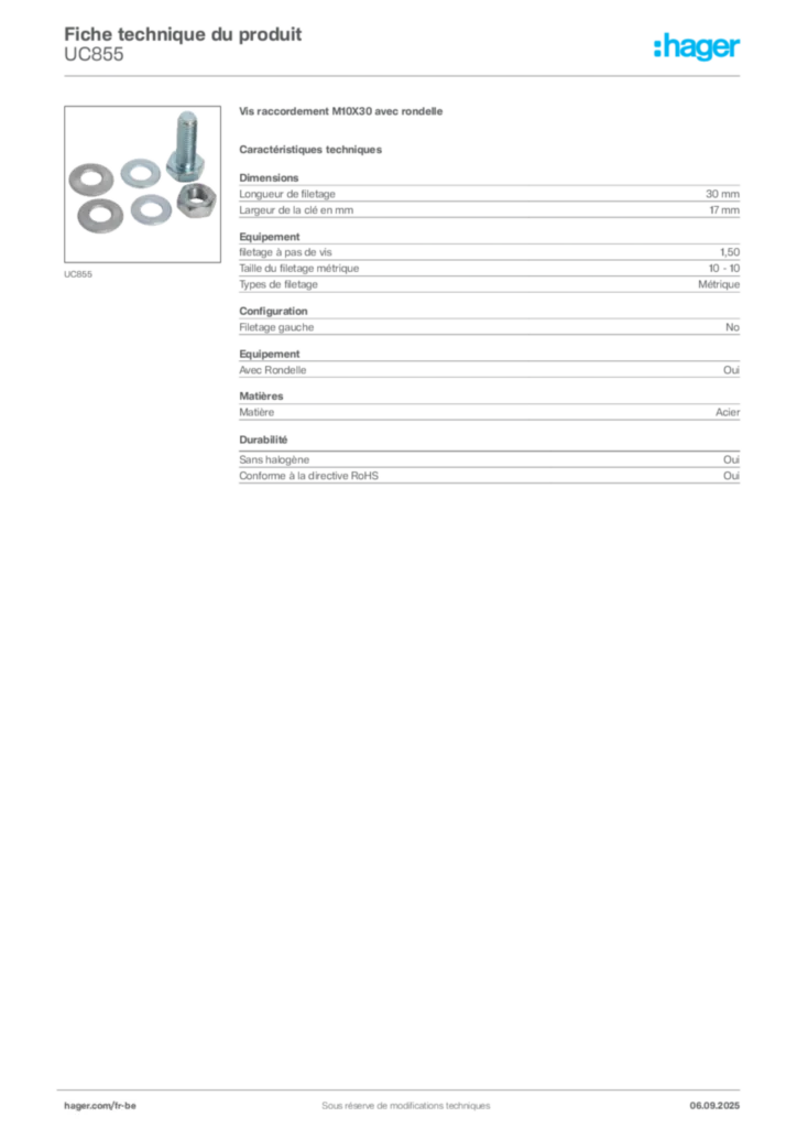 Image Hager Fiche technique du produit UC855 | Hager Belgique
