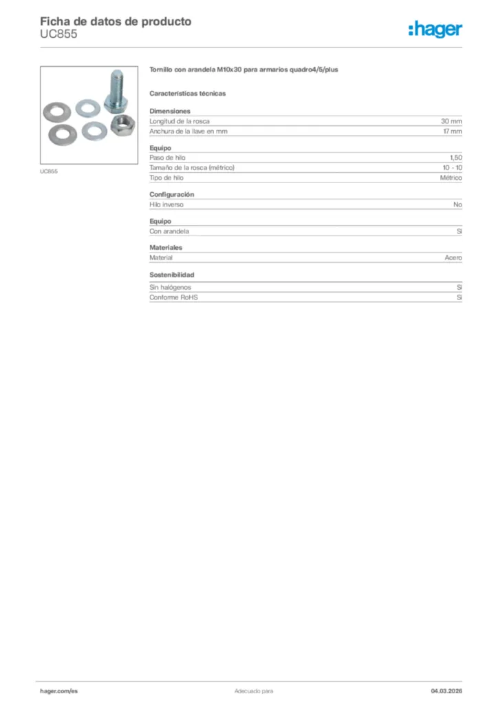 Imagen Hager Ficha de datos de producto UC855 | Hager España