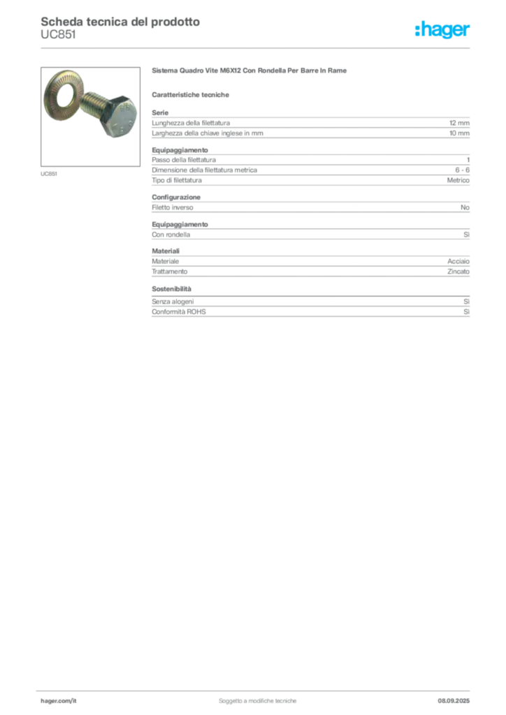 Immagine Hager Scheda tecnica del prodotto UC851 | Hager Italia