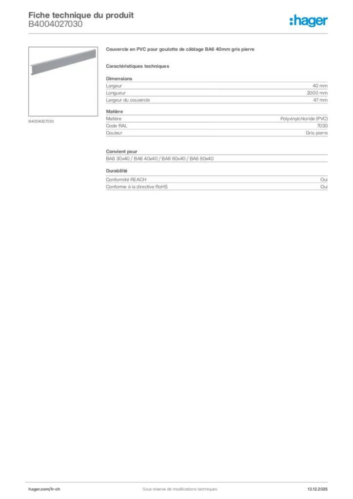 Image Hager Fiche technique du produit B4004027030 | Hager Suisse