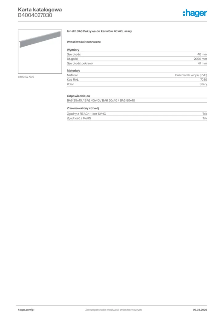 Zdjęcie Hager Karta katalogowa B4004027030 | Hager Polska