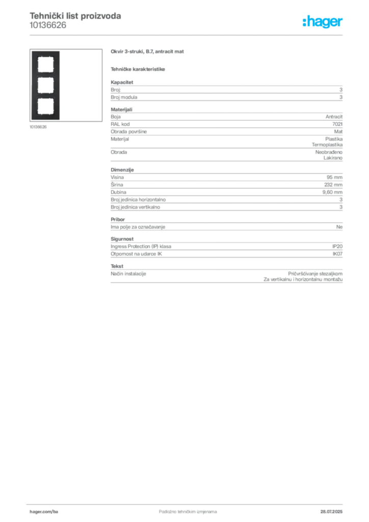Slika Hager Product data sheet 10136626  | Hager