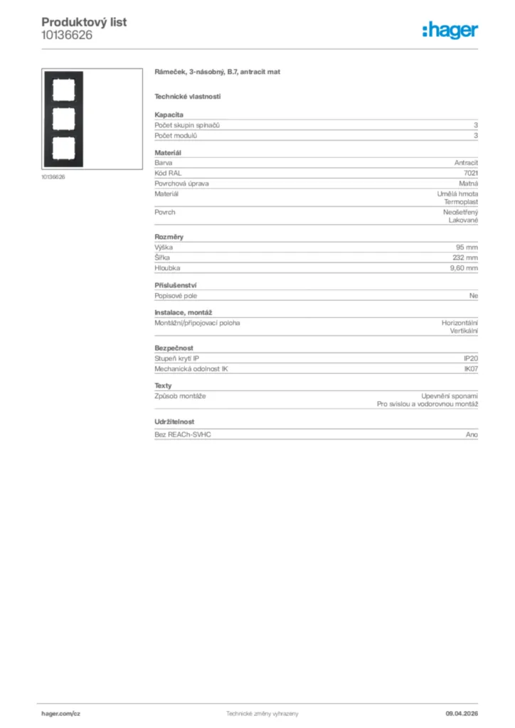 Obrázek Hager Product data sheet 10136626 | Hager