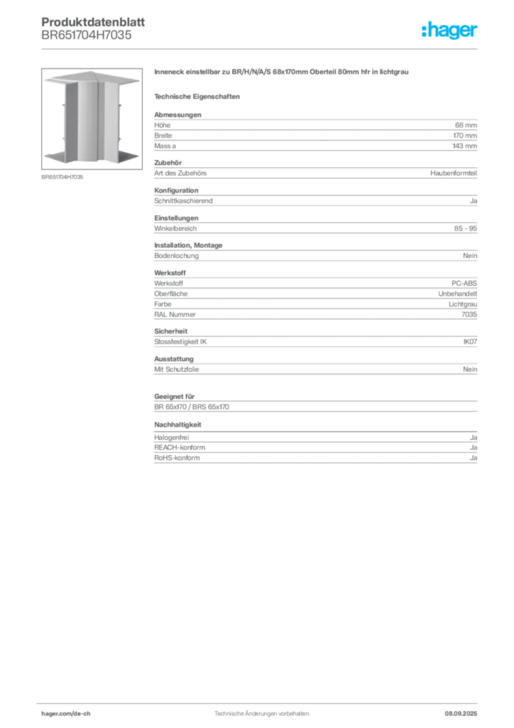 Bild Hager Produktdatenblatt BR651704H7035 | Hager Schweiz