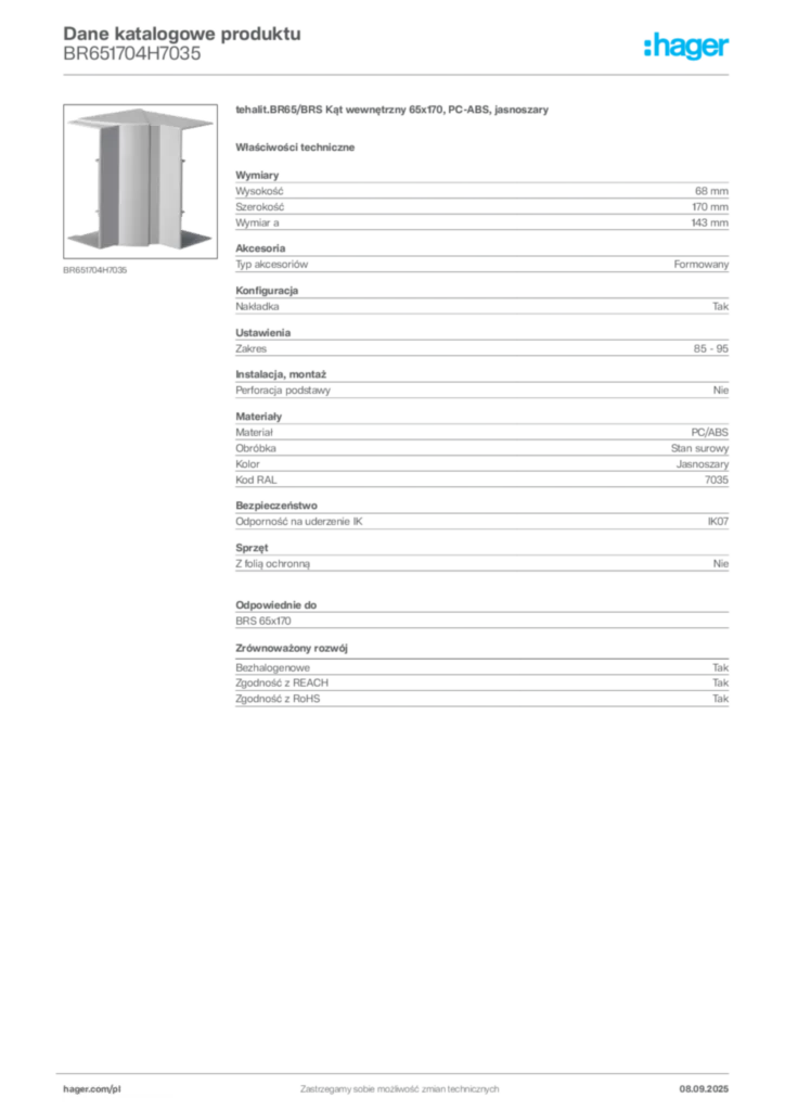 Zdjęcie Hager Dane katalogowe produktu BR651704H7035 | Hager Polska