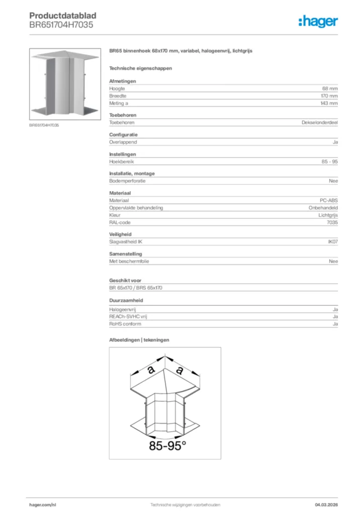 Afbeelding Hager Productdatablad BR651704H7035 | Hager Nederland