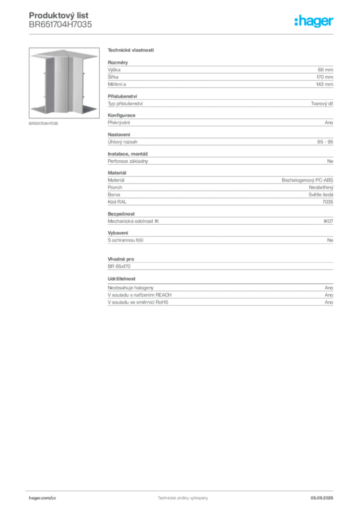 Obrázek Hager Produktový list BR651704H7035 | Hager