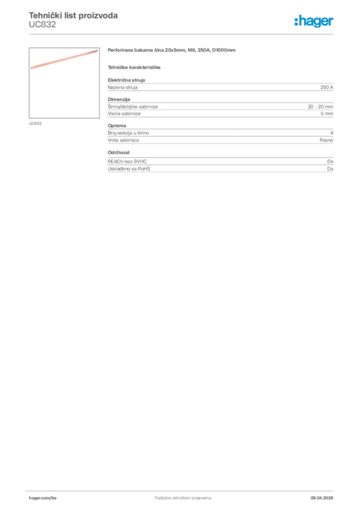 Slika Hager Tehnički list proizvoda UC832  | Hager