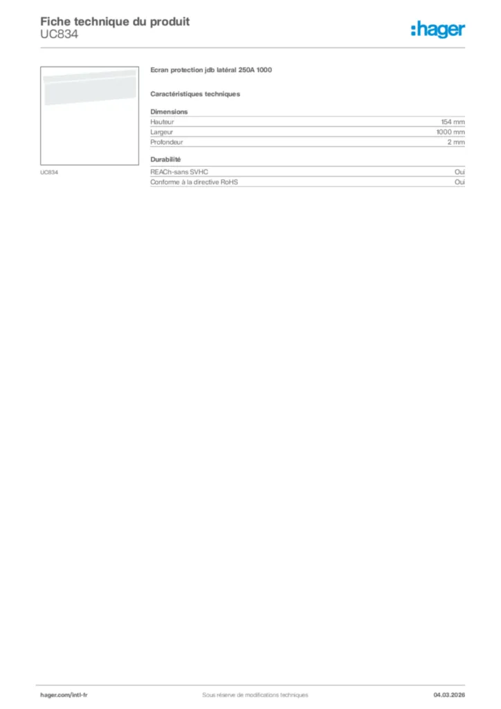 Image Hager Fiche technique du produit UC834 | Hager Afrique