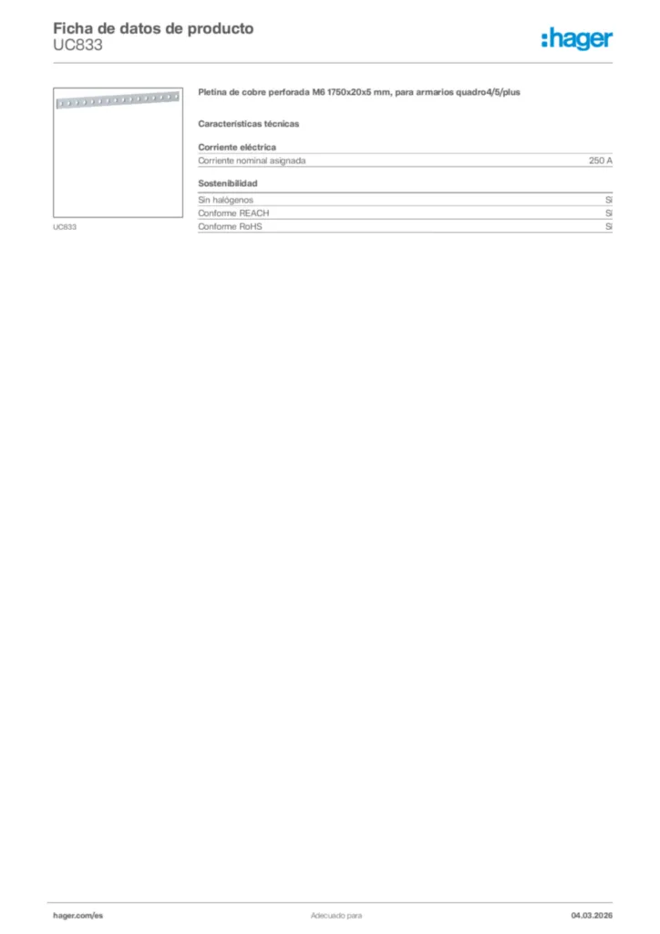 Imagen Hager Ficha de datos de producto UC833 | Hager España