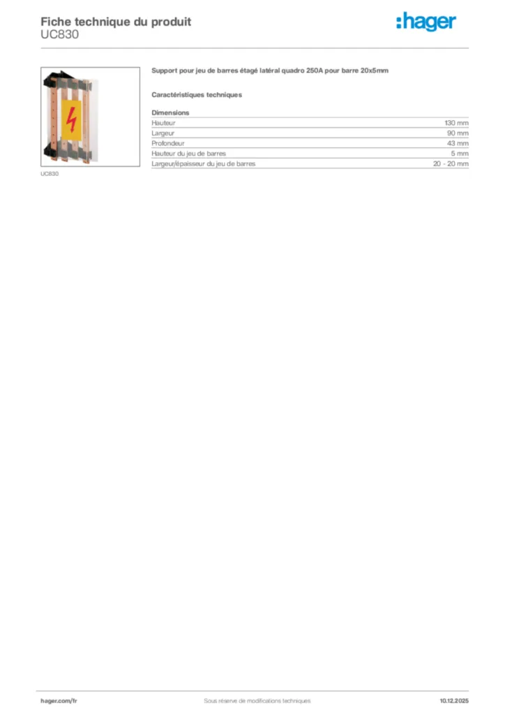 Image Hager Fiche technique du produit UC830 | Hager France