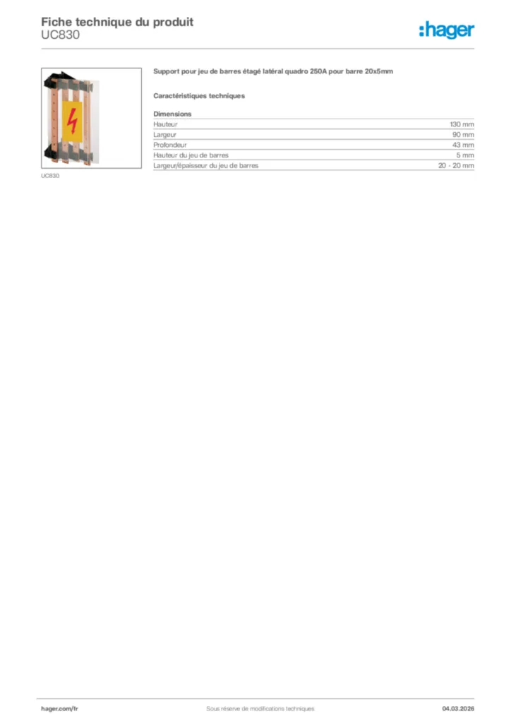 Image Hager Fiche technique du produit UC830 | Hager France